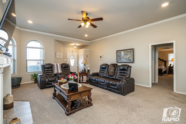 living room with crown molding and light colored carpet