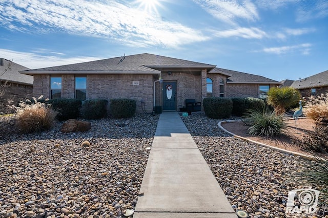 view of front of home featuring roof with shingles and brick siding