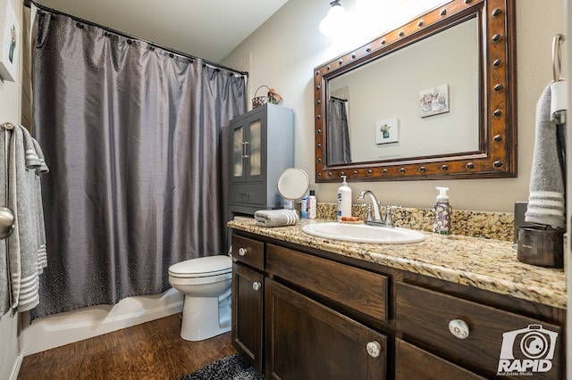 full bath featuring wood finished floors, vanity, and toilet