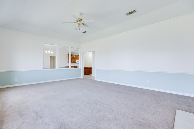 spare room with visible vents, ceiling fan with notable chandelier, and baseboards