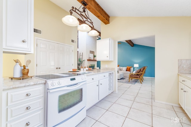 kitchen with light tile patterned floors, white range with electric cooktop, vaulted ceiling with beams, hanging light fixtures, and white cabinets