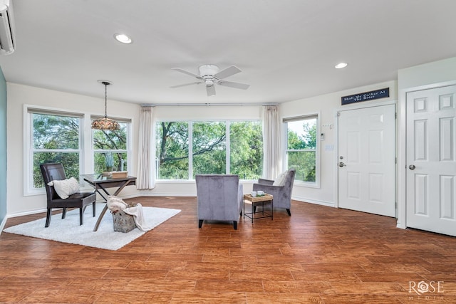 dining room featuring dark wood-type flooring and ceiling fan