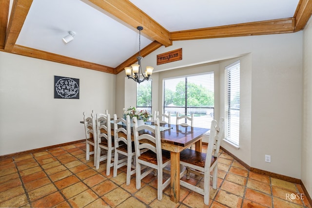 dining area with lofted ceiling with beams and a notable chandelier