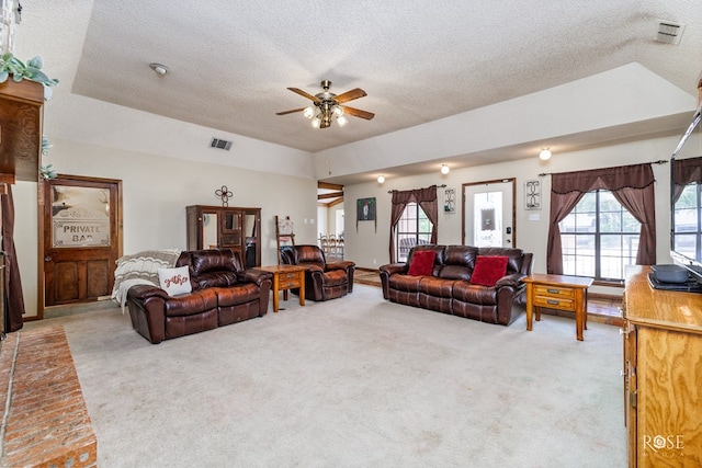 carpeted living room featuring a tray ceiling, plenty of natural light, a textured ceiling, and ceiling fan