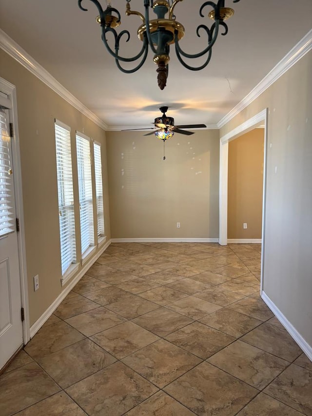 empty room with ceiling fan with notable chandelier and ornamental molding