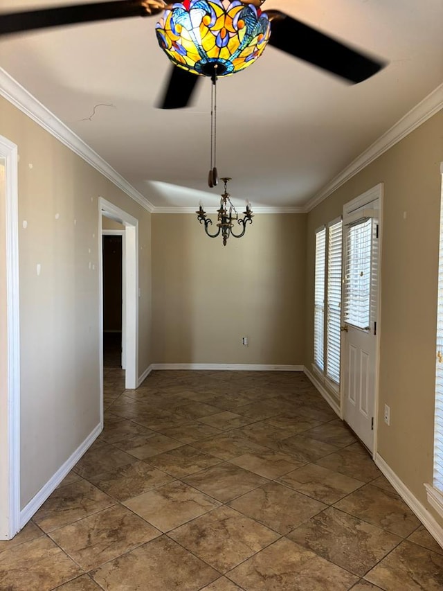 unfurnished dining area with ornamental molding and a chandelier