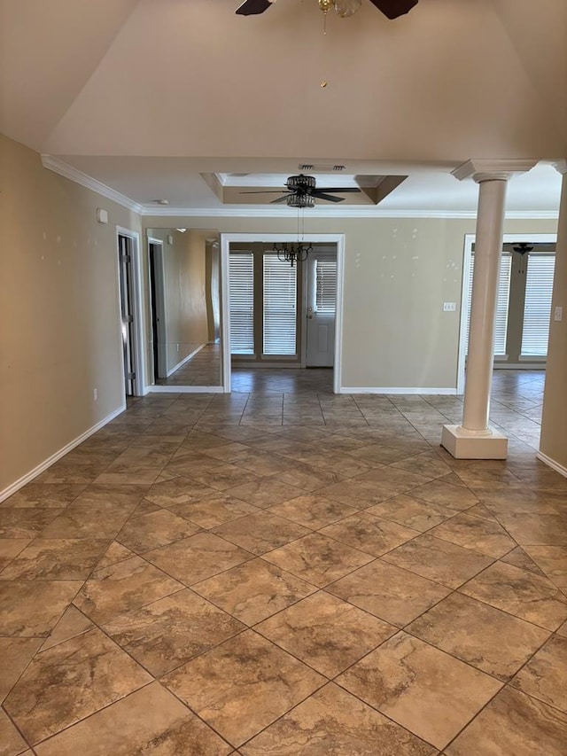 unfurnished room with crown molding, vaulted ceiling, ceiling fan, and ornate columns