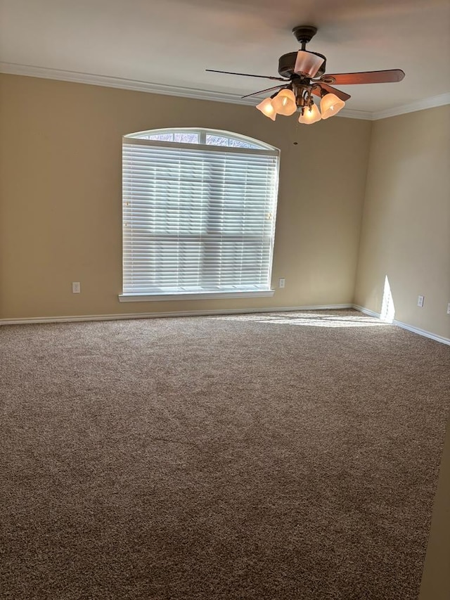 carpeted empty room featuring ornamental molding and ceiling fan