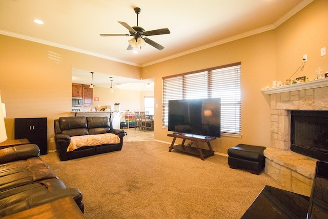 living room featuring crown molding, carpet, a ceiling fan, and baseboards