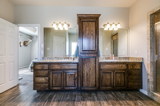 bathroom featuring vanity, hardwood / wood-style floors, and an enclosed shower