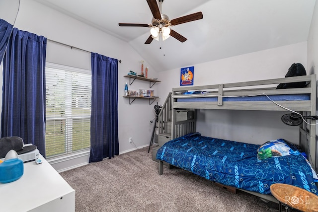 5033 Scarlet Oak Ln, San Angelo, TX 76904 - bedroom featuring carpet, vaulted ceiling, baseboards, and ceiling fan