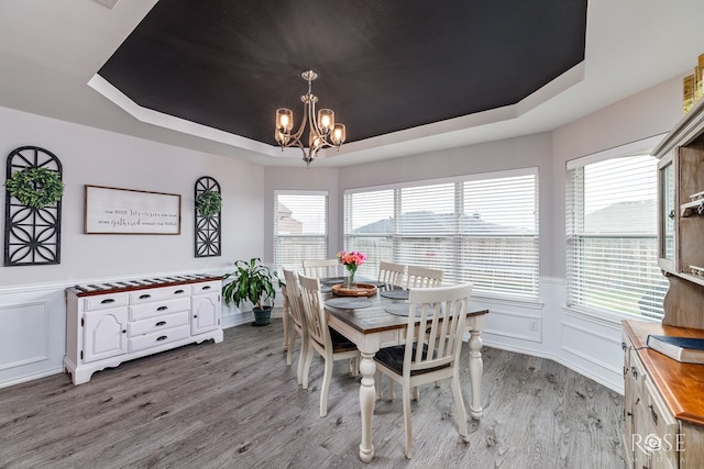 5033 Scarlet Oak Ln, San Angelo, TX 76904 - dining room featuring a tray ceiling, light wood-type flooring, a chandelier, healthy amount of natural light, and wainscoting