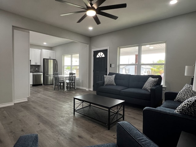 421 Howard St, San Angelo, TX 76901 - living area featuring ceiling fan, plenty of natural light, dark wood-type flooring, and recessed lighting