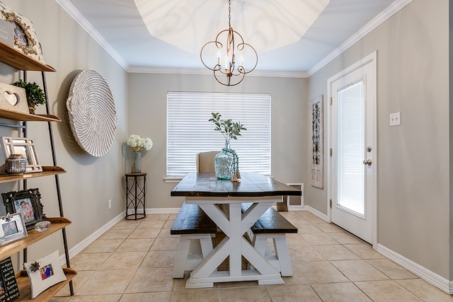 tiled dining area with ornamental molding and a notable chandelier