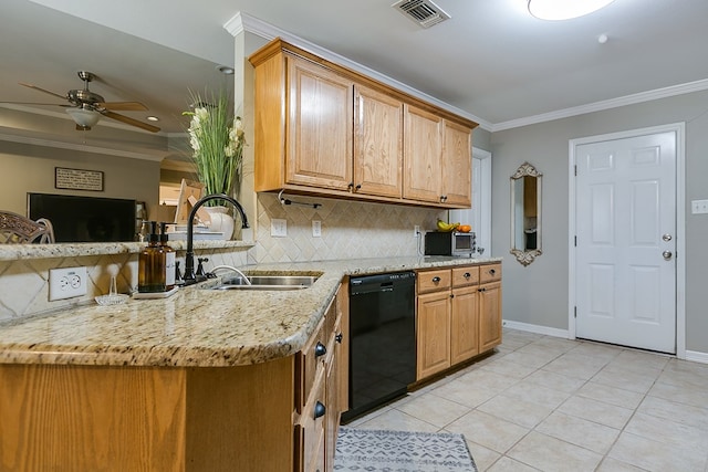 kitchen featuring sink, light tile patterned floors, ornamental molding, dishwasher, and backsplash