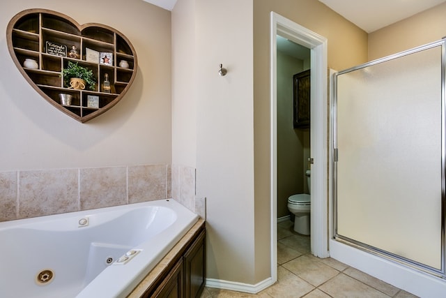 bathroom with tile patterned flooring, plus walk in shower, and toilet