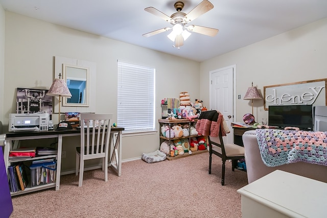 office area featuring ceiling fan and carpet floors