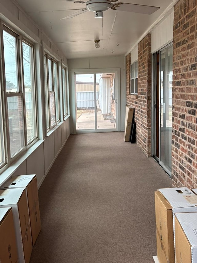 unfurnished sunroom featuring ceiling fan and a healthy amount of sunlight