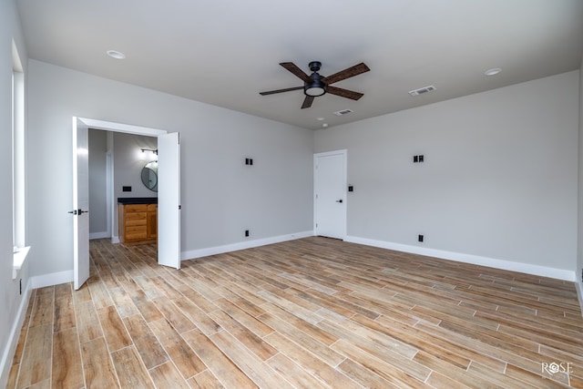 unfurnished bedroom with light wood-type flooring and ceiling fan