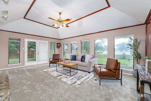 living room featuring carpet floors, a healthy amount of sunlight, vaulted ceiling, and a textured ceiling