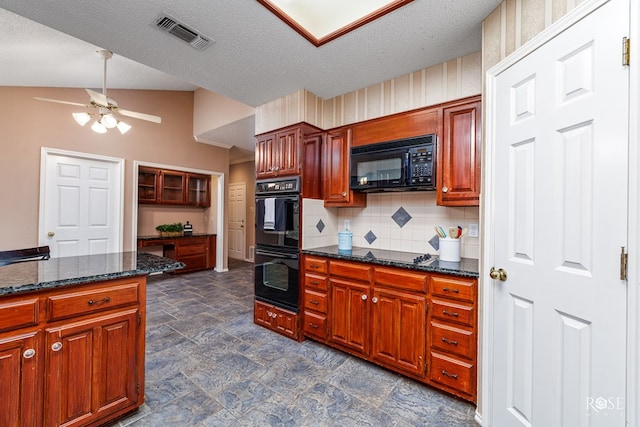 kitchen featuring decorative backsplash, dark stone counters, ceiling fan, black appliances, and a textured ceiling