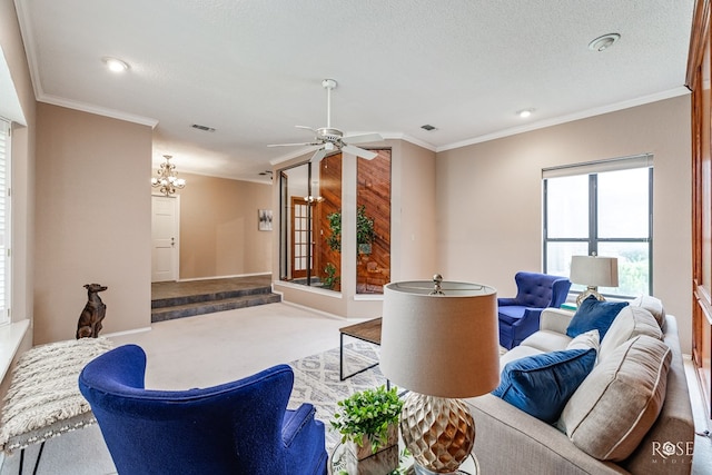 living room featuring crown molding, a chandelier, carpet floors, and a textured ceiling