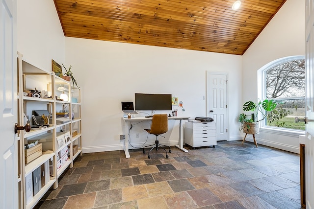 home office featuring high vaulted ceiling and wood ceiling