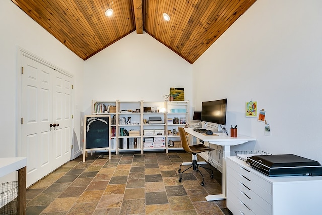 office featuring wood ceiling, high vaulted ceiling, and beamed ceiling