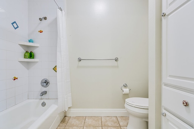 bathroom with toilet, shower / bathtub combination with curtain, and tile patterned flooring