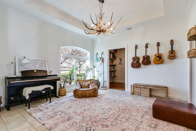 living area featuring a notable chandelier, crown molding, a raised ceiling, and light tile patterned floors