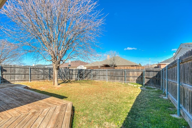 view of yard featuring a fenced backyard and a deck