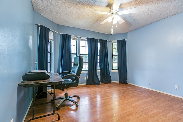 office area featuring ceiling fan, a textured ceiling, and light wood-type flooring