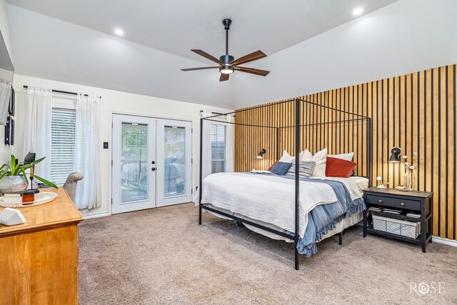 6027 Warwick Dr, San Angelo, TX 76901 - bedroom featuring access to exterior, carpet flooring, french doors, vaulted ceiling, and a ceiling fan