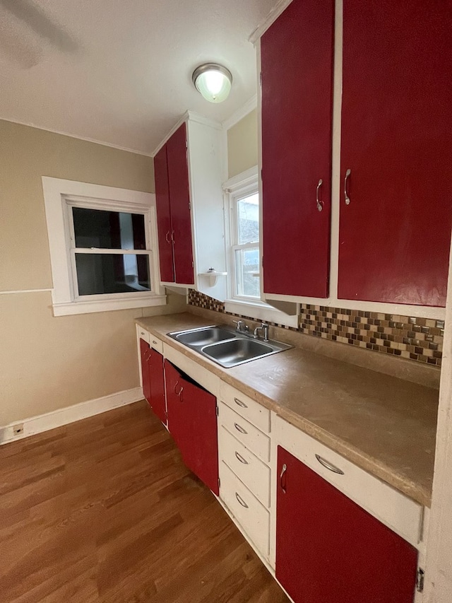 kitchen with sink, ornamental molding, tasteful backsplash, and dark hardwood / wood-style flooring