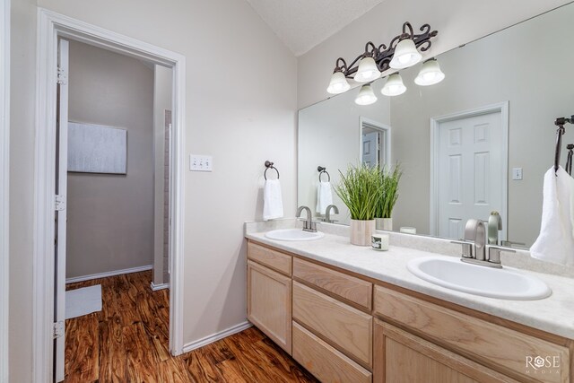 bathroom with vanity, hardwood / wood-style flooring, and a textured ceiling