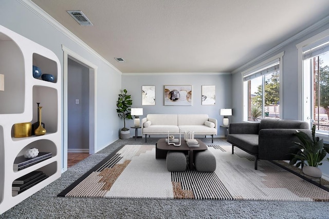 living room with ornamental molding