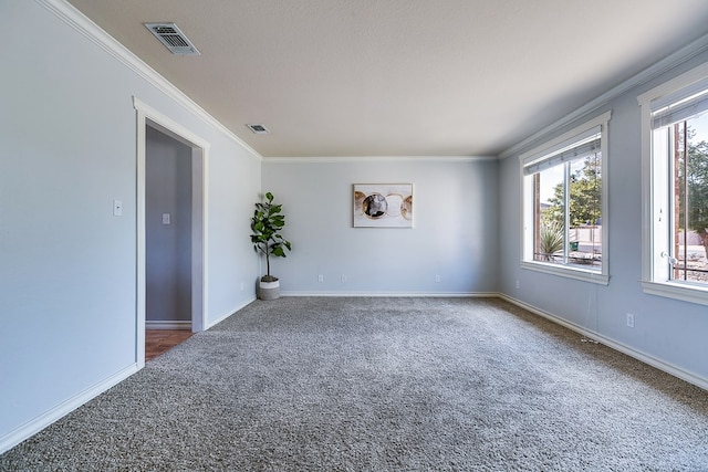 carpeted empty room featuring crown molding and a textured ceiling