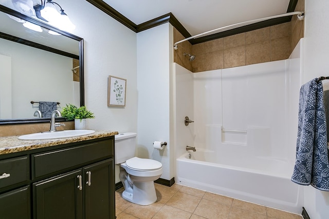 full bathroom with crown molding, tile patterned flooring, vanity, bathtub / shower combination, and toilet