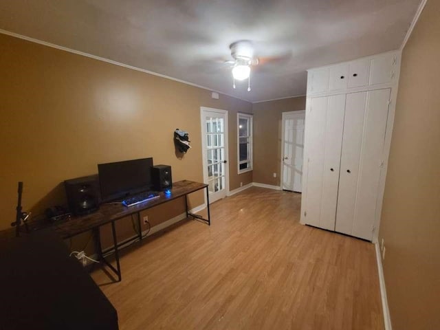 1811 Willow St, San Angelo, TX 76901 - office featuring french doors, light wood-style floors, baseboards, crown molding, and ceiling fan