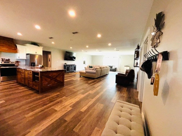 110 Vick Dr, Brownwood, TX 76801 - interior space featuring appliances with stainless steel finishes, dark hardwood / wood-style floors, light stone countertops, and a center island with sink