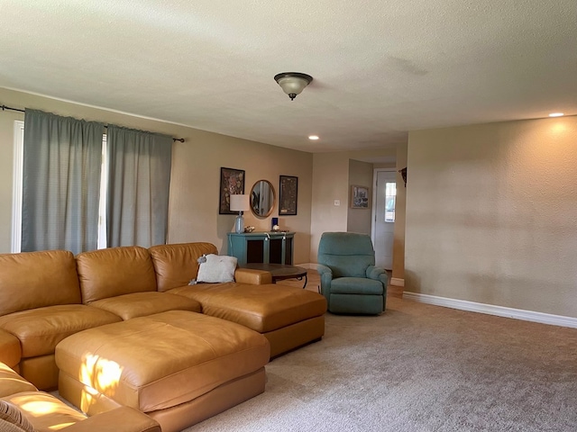 living room featuring carpet floors and a textured ceiling