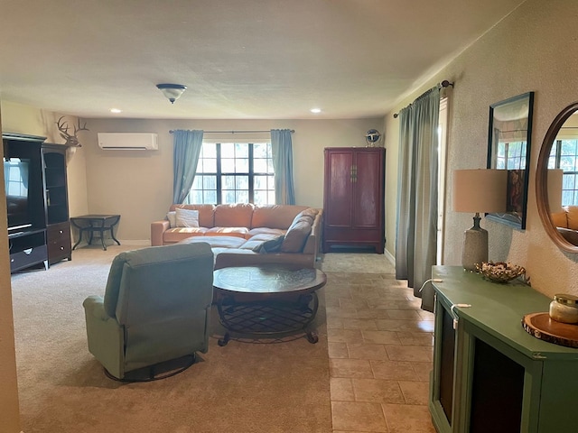 living room with light carpet and an AC wall unit