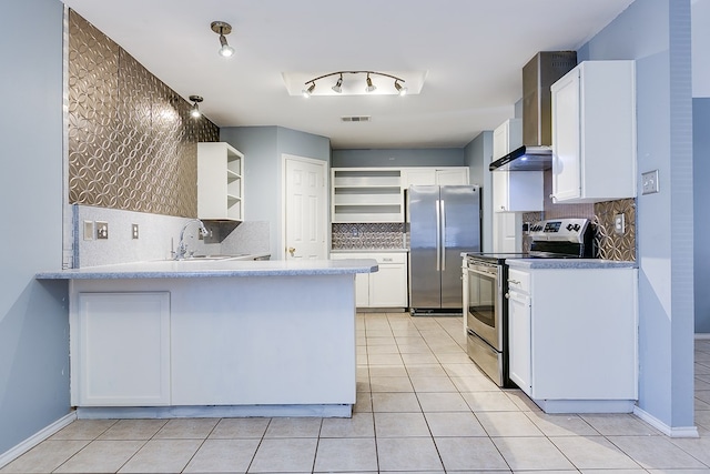 kitchen featuring open shelves, a peninsula, a sink, stainless steel appliances, and white cabinets