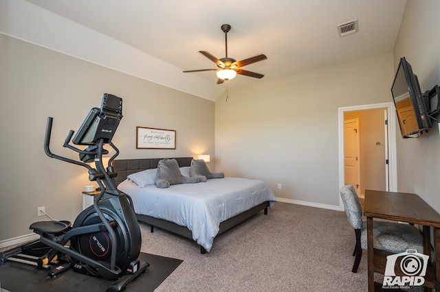 bedroom with lofted ceiling, visible vents, carpet flooring, ceiling fan, and baseboards