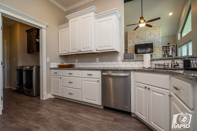 kitchen featuring ceiling fan, dark wood-style flooring, white cabinets, ornamental molding, and stainless steel dishwasher