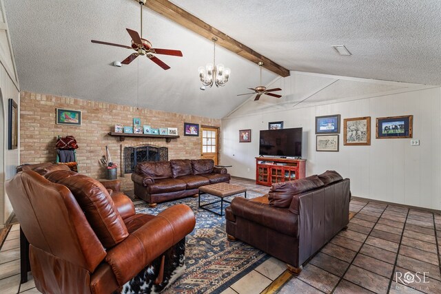8126 N Fm 2288, San Angelo, TX 76901 - living area with a ceiling fan, a textured ceiling, a brick fireplace, and a chandelier