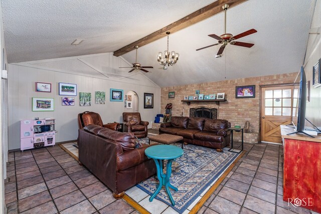 8126 N Fm 2288, San Angelo, TX 76901 - living room featuring ceiling fan, a textured ceiling, a chandelier, and a brick fireplace