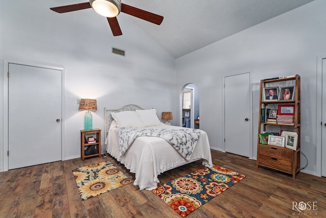 8126 N Fm 2288, San Angelo, TX 76901 - bedroom with wood-type flooring, high vaulted ceiling, arched walkways, and a ceiling fan