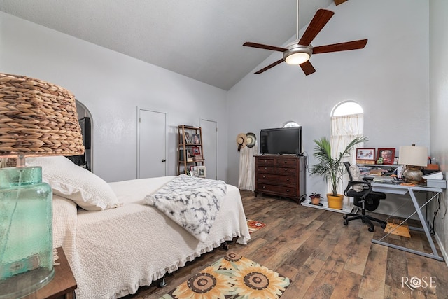 8126 N Fm 2288, San Angelo, TX 76901 - bedroom featuring high vaulted ceiling, wood finished floors, an office area, and a ceiling fan