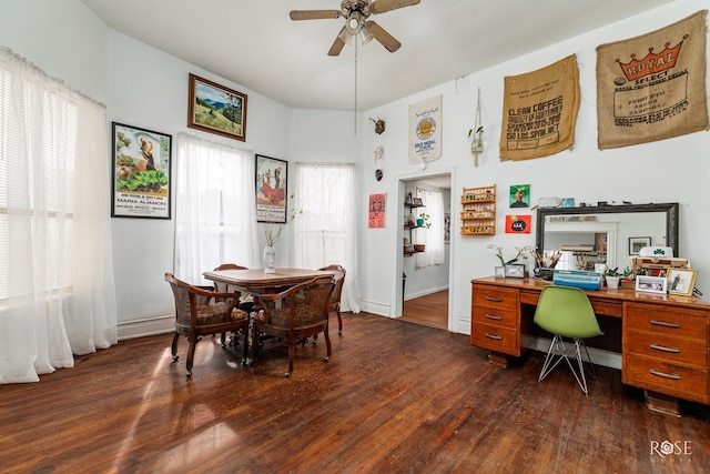 office area with dark wood-type flooring, ceiling fan, and plenty of natural light